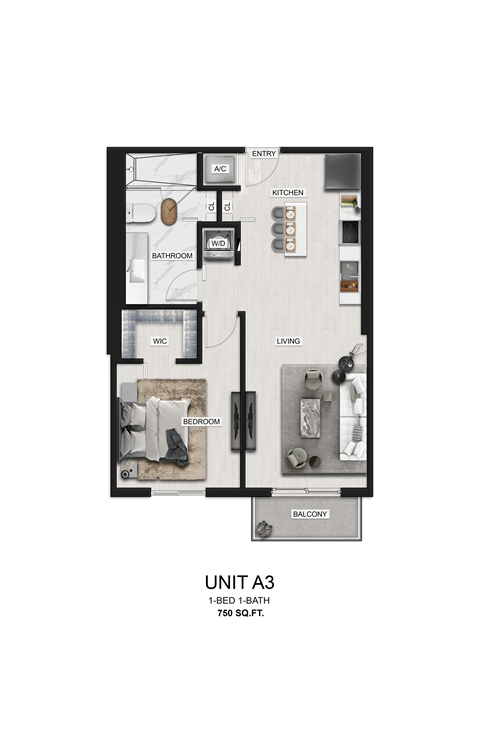 Floor plan for 1 bed, 1 bath, 750 sqft